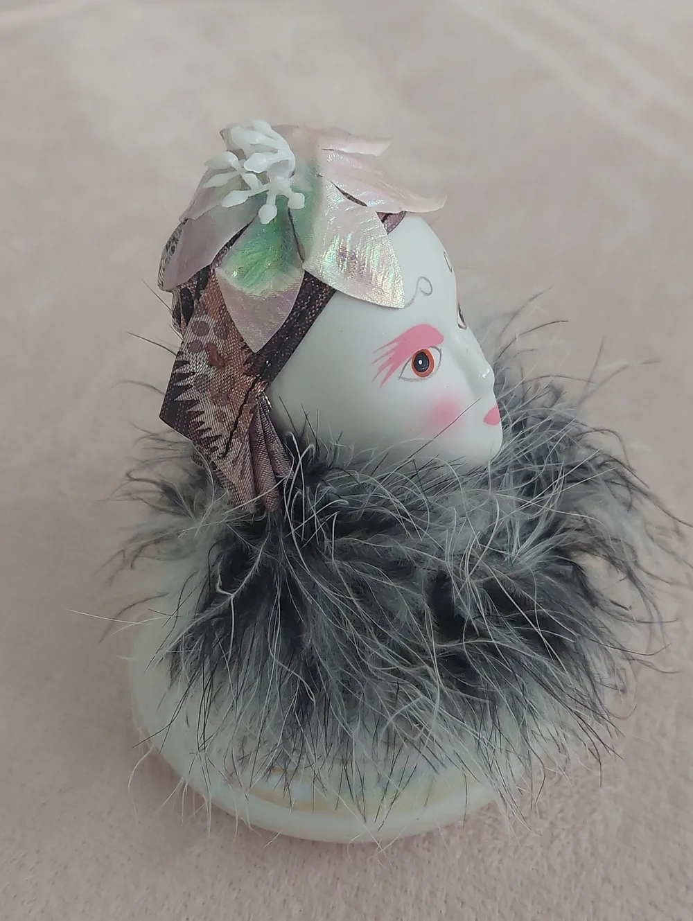 VOGUE Porcelain Pierrot-style Clown Feathered Head Trinket Box NIB